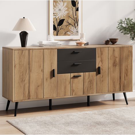 Aparador, 140x35x67 cm, negro y natural, 3 puertas y 2 cajones (1/5)