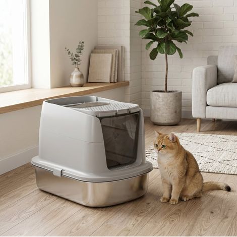 Lettiera chiusa per gatti in acciaio inox con paletta e sacchetto deodorante, grigio chiaro HAVRYA (1/4)