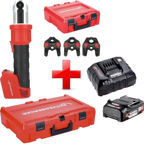 Pressatrice a batteria Rothenberger ROMAX NANO 18 V 34 kN CAS + 1x batteria 2,0 Ah + caricabatteria + set di 3 ganasce di pressatura TH + Rocase