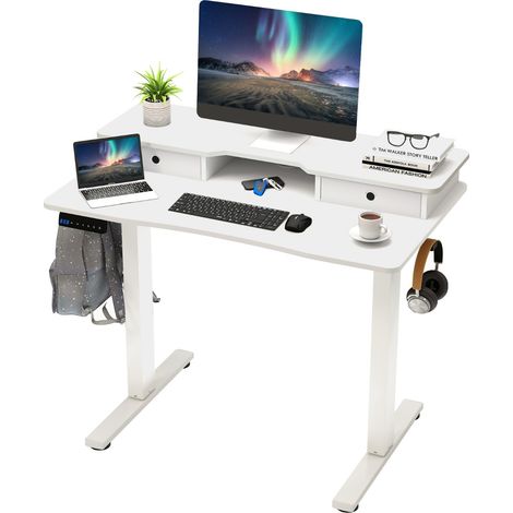 Scrivania elettrica regolabile in altezza con 2 cassetti, Scrivania con supporto per monitor 100 x 60 cm Bianco (1/3)