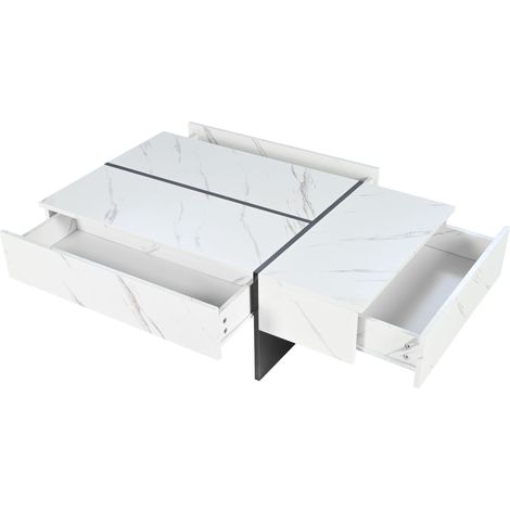 Mesa de café blanca moderna con LED, efecto mármol, 105 x 60 x 35 cm, 3 cajones (1/5)