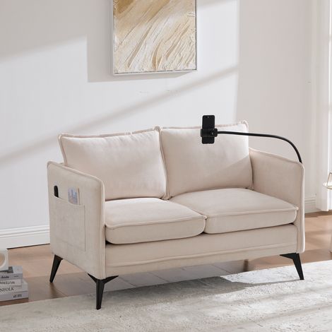 Gerade Sofa 2 Plätze aus Chenille mit Einstellbare Telefonhalterung und Seitentaschen, Ergonomisches Design, Beige