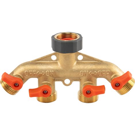 Distribuidor de grifo de 4 vías de latón, conexiones GZ 3/4" x GW 3/4", modelo Brass Soft con válvulas individuales, ideal para riego, resistente y versátil.