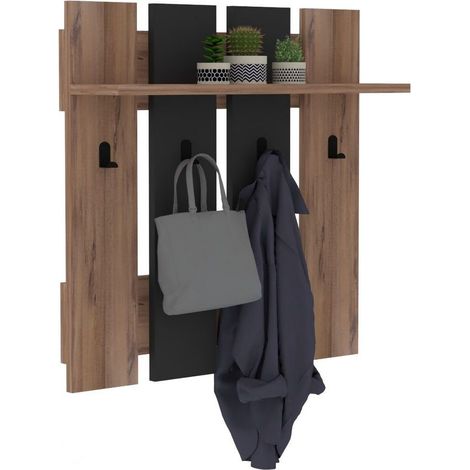 Garderobenleiste Ortueri, 4 Haken, Wandmontage, Gestellfarbe Schwarz, 70h cm, Walnussbraun
