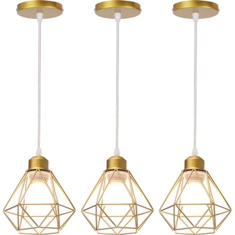 Lámpara Colgante 3 Piezas, Vintage Lámparas de Techo Ø16cm Diseño de Jaula de Diamante, Industriale Luminaria de Techo E27 para Dormitorio Salon Cocina Comedor (Oro) (1/5)