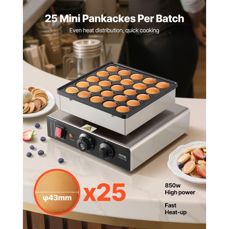 Mini Crêpière Électrique, Appareil à Pancakes Capacité 25PCS de 43 mm de Diamètre, Machine à Poffertjes Dorayaki Grille Antiadhésive en Inox, Contrôle de la Température et du Temps, Cuisine (1/5)