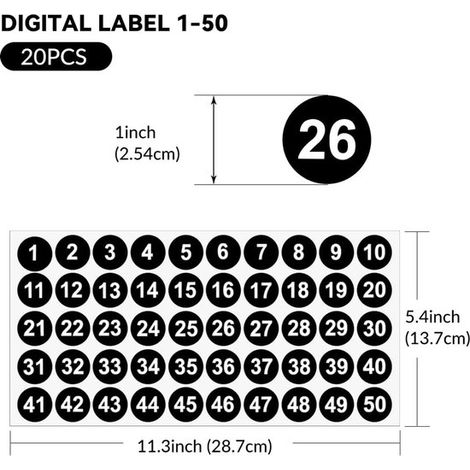 20 pezzi，Adesivi per i numeri da 1 a 50，20 adesivi numerici rotondi，Piccoli adesivi numerici neri，depositi e ambienti interni (nero) (1/4)