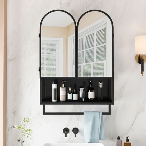 Armoire, en métal, 2 portes, avec étagère, avec miroir, noir, 60 cm, pour salle de bain, rangement salle de bain / salon / chambre