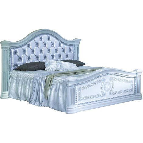 Lit design laqué blanc tête de lit capitonnée simili cuir argenté Savana 180x200 (1/3)