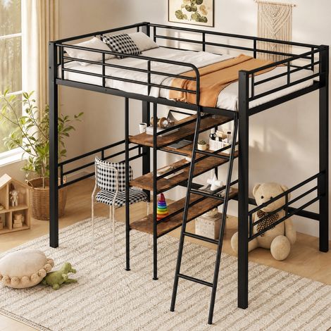 DESMIU Lit mezzanine 1 place avec bureau, étagères et échelle 90 × 200 cm, sans matelas, en métal, noir (1/5)