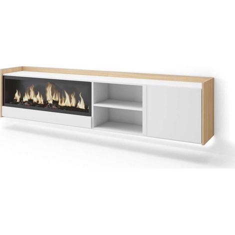 Mueble TV Pizarra-01 de 212x50x35 cm con chimenea eléctrica y luces LED, suspendido, color blanco y roble soft (1/4)