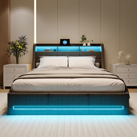 Lit coffre double adulte 140x190 cm avec rangement hydraulique, tête de lit coffre avec LED, ports de charge, revêtement en lin gris