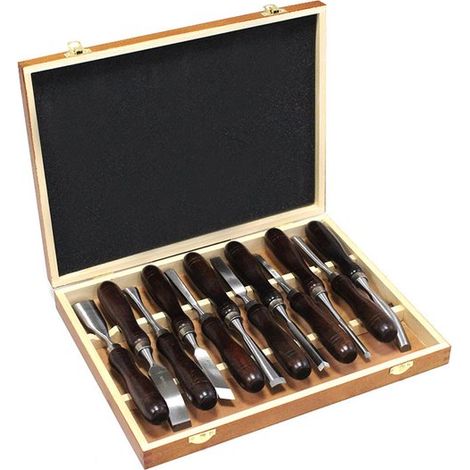 Juego de herramientas para tallar madera para 12 personas con cincel en caja de madera, hojas de acero CR-V 60 de gran filo (1/5)