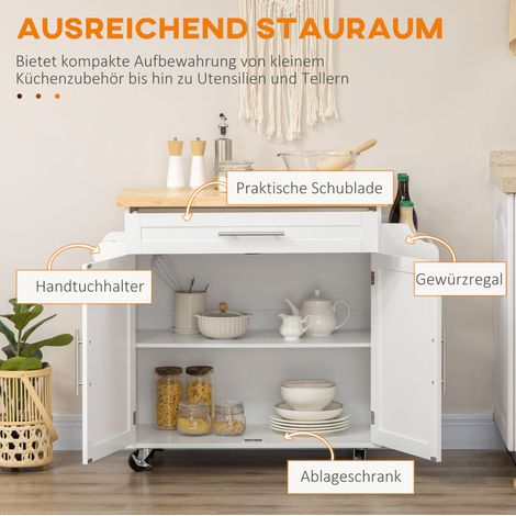MEUBLIV Chariot de cuisine 109x40x89 cm blanc – plateau, rangements, roulettes (1/5)