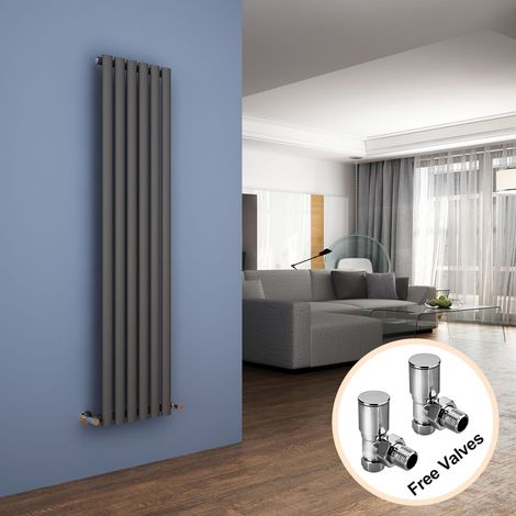 ELEGANT 1600 x 360 mm Anthracite Modern Tall Bar Radiator Efficient Radiator Single Designer Oval Panel Heater Radiators + Chrome Angled Radiator Valves (1/5)