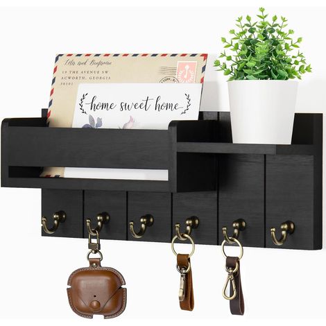 Porte-clés mural décoratif - Organisateur de clés et de courrier avec 6 crochets - Porte-clés en bois avec étagère pour la décoratio (1/5)
