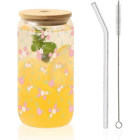 Tasses verre avec couvercles & pailles motif fleurs bleues papillon, mug isotherme café glacé, cadeau Saint-Valentin/anniversaire (fleurs 1033) (1/5)