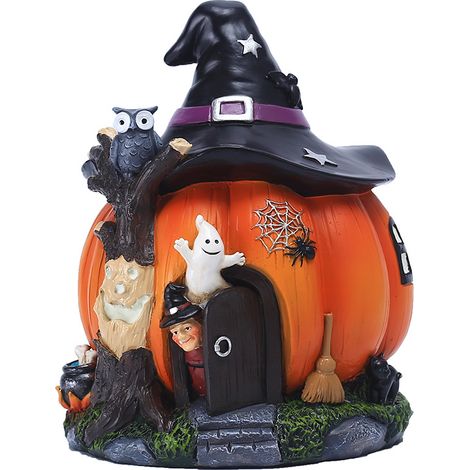 One Piece Halloween Citrouille Maison Statut avec Chapeau de Sorcière, Orange Citrouille Maison de Conte de Fées Statue Halloween Citrouille Maison Décoration Résine Jardin Sorcière-1414.520cm