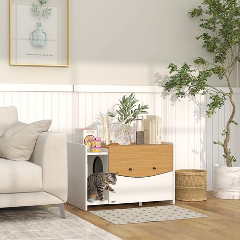 Lettiera per gatti estensibile, design a mobiletto, scomparto per la lettiera, 78x50x51 cm, rovere/bianco (1/5)