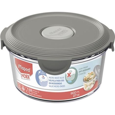 MAPED - Tupperware in vetro per alimenti - Collezione Concept per adulti - Capacità: 800 ml- Colore: grigio - Adatto al microonde - Design rotondo con chiusura sicura - Facile da pulire