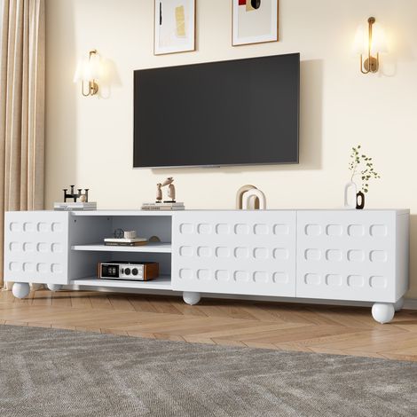 Meuble TV 200x40x44 cm, buffet bas salon 3 portes décoratives, console télé 200 cm, pieds x5, support écran jusqu'à 80 pouces, blanc. (1/5)