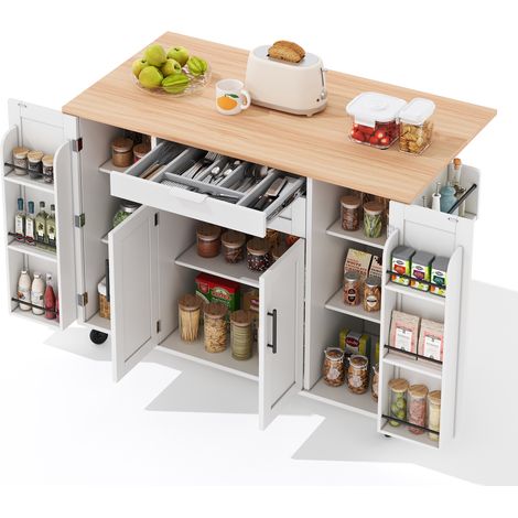 Îlot de cuisine mobile 120×45 cm,chariot de cuisine avec plan de travail extensible jusqu’à 70 cm,tiroir à couverts dissimulé,étagères réglables,étagère à épices et porte-serviettes