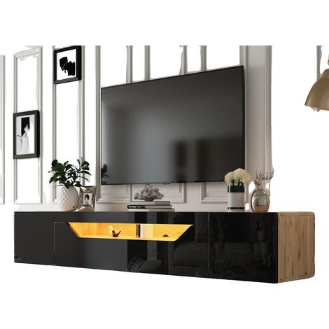 Mueble para TV, 180 cm x 37 cm x 36 cm, apto para televisores de 75 pulgadas, tres compartimentos de almacenamiento, acabado brillante, diseño para montaje en pared. (1/5)