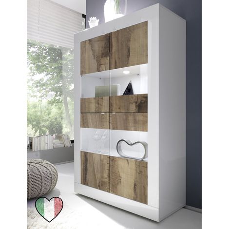 Credenza Vetrina 4 ante bianco lucido / pero con inserti in vetro - Basic (1/3)