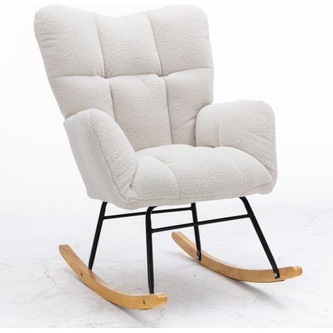 Fauteuil à bascule vintage, tissu teddy tufté blanc, assise rembourrée (1/5)