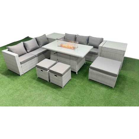 Fimous 9 Seat PE Rattan Lounge Sofa Set Outdoor Garden Furniture Set with Firepit Dining Table 3 Seater Sofa 3 Stools 2 Side Tables Light Grey (1/5)