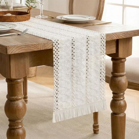 Chemin de Table Macramé Beige 30x240 cm en Lin de Coton avec Franges Glands Pompons Décoration de Table Tissée de Ferme Salle à Manger Mariage Bohème Fête Noël Vintage (1/5)