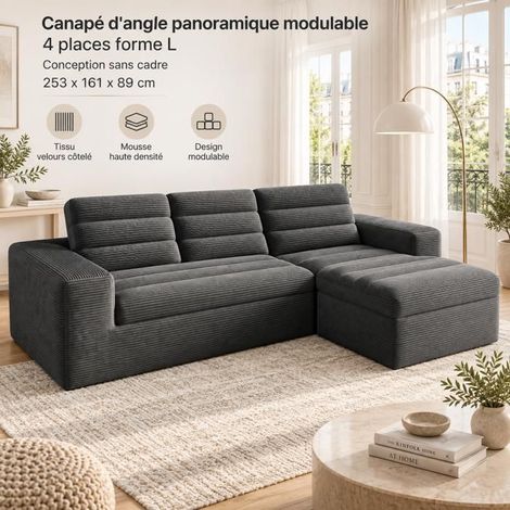 Canapé d'angle 253x161x89cm velours côtelé gris foncé - Canapé Modulable - 4 places, sans montage, mousse haute densité, doux (1/5)