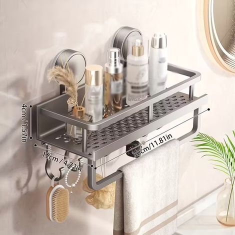 Robusto scaffale da doccia in acciaio inossidabile, mensola da bagno con ganci per asciugamani, salvaspazio, non richiede forature, ideale per bagni, docce o cucine. (1/5)
