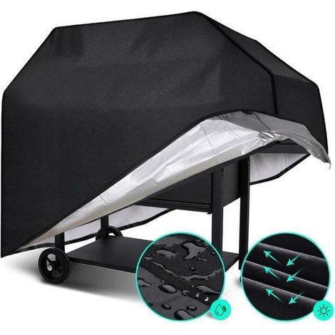 210D Oxford BBQ cover, sun and water resistant, for outdoor use. Fits most grills sized 170 x 61 x 117 cm.