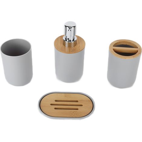 Ensemble de 4 accessoires de salle de bain en bambou imperméable et durable, comprenant un gobelet à brosse à dents et un porte-brosse à dents, idéal pour la maison ou l'hôtel (gris). (1/5)