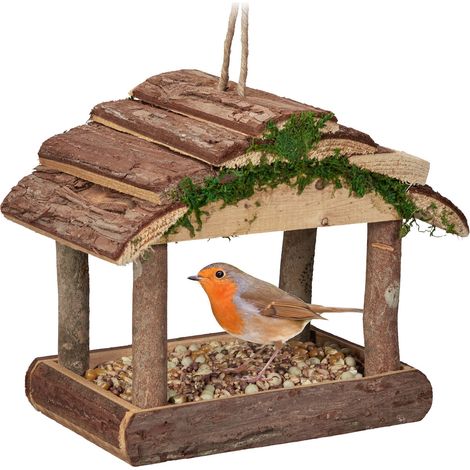 Relaxdays Mangiatoia per Uccelli, Casette in Legno Dispenser di Mangime da Esterno, Decorazione da Giardino, Marrone (1/5)