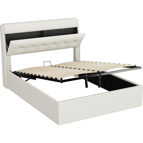 Lit rembourré 140x190, lit hydraulique avec rangement caché dans la tête de lit et le coffre de lit, PU, avec sommier à lattes et tête de lit, sans matelas, blanc (1/5)