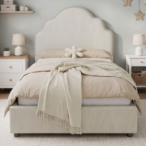 Tkopy-Lit enfant 90x200, Lit rembourré, lit une place, sommier , lit avec sommier, tête de lit rembourrée, design moderne, sommier à lattes, couleur lin, beige (1/5)