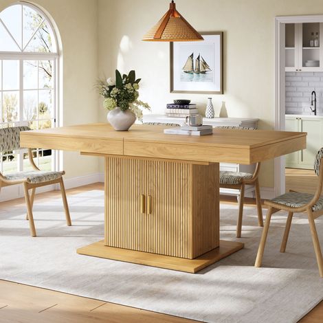 Table à Manger Extensible 140/180 cm avec Rangement Intégré, Table de Cuisine pour 6 Personnes, Pied Coffre avec Portes Rainurées Verticales, Design Moderne Effet Bois (1/5)