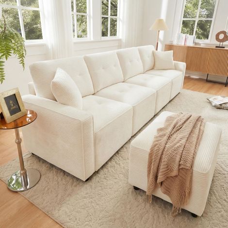 Canapé 4 places droit beige velours côtelé 280xD146xH85cm, rangement sous assise, livré avec un tabouret librement posable