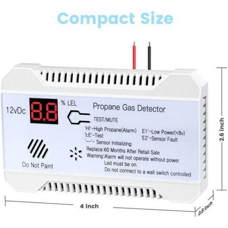 Détecteur de gaz propane 12 V pour camping-cars - Alarme 85 dB - Affichage numérique - Compact et léger (certifié CE) (1/4)