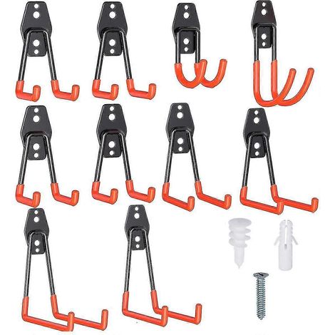 Crochets doubles utilitaires en acier pour garage, Lumana, lot de 10 crochets de garage robustes, crochets de rangement muraux robustes (1/2)