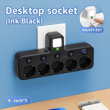 Multiprise murale noire 5 prises électriques avec 5 interrupteurs individuels marche arrêt 10 A 2500 W prise multiple compacte pour maison bureau et espace de travail (1/2)