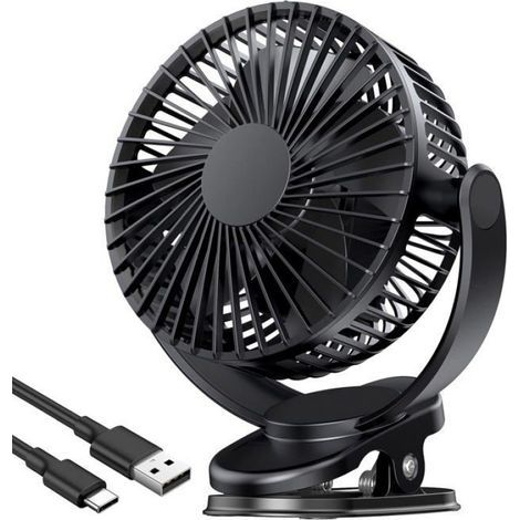 5-Zoll-USB-Ventilator (5000 mAh), tragbar, mit Clip, 360° drehbarem Kopf, 3 Geschwindigkeitsstufen, Schwarz (1/5)