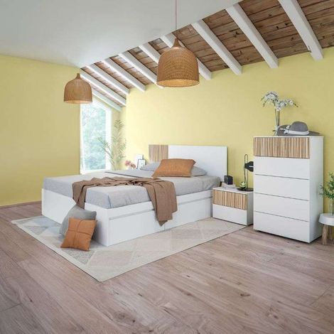 Pack de Muebles de Dormitorio Etnha Estilo Moderno en Blanco Artik y Natur con Cabecero, 2 Mesitas de Noche, Cama con Cajones y Cómoda (1/5)