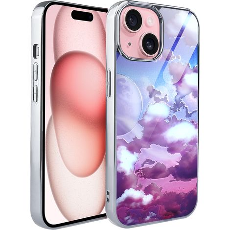 Custodia in vetro ibizu Elite per iPhone 15, retro in vetro, nuvole e luna, argento (1/5)
