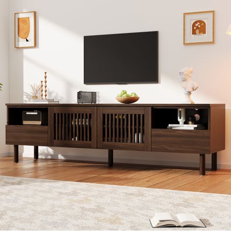 MODFU – Meuble TV 180x40x51 cm MDF – 2 portes grillagées, 2 tiroirs et niches ouvertes – Passe-câbles et pieds bois – Salon – Noyer (1/5)