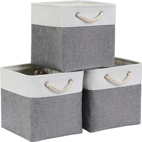 Paniers de rangement - Lin de haute qualité - Pliables, en forme de cube - Idéaux pour Gris et blanc - 33 x 33 x 33 cm - Lot de 3 (1/5)