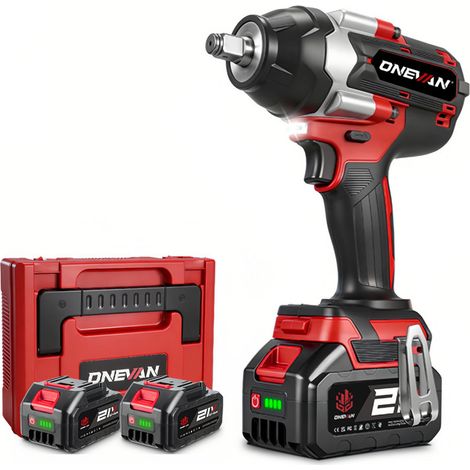 ONEVAN Akku-Schlagschrauber, bürstenlos, 1000 Nm, 3 Geschwindigkeitsstufen, 1/2", mit zwei 3000-mAh-Akkus – Transportkoffer