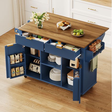 Isola cucina su ruote 143 x 45 cm, piano ribaltabile, blu e marrone OKMYHOME (1/5)